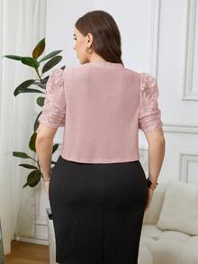 Reflora Plus Size Women Khaki Thin Jacket, Contrast Lace Sleeve Short Lightweight Jacket, Versatile & Elegant - Pink - View 2