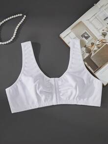 Ocili 1 Stück Damen BH in großen Größen, nahtlos, ohne Bügel, einfarbig, ärmellos, schlicht, mit Frontverschluss, tiefem U-Ausschnitt, breiten Trägern, bequem für den Alltag - Weiss - Übersicht 4