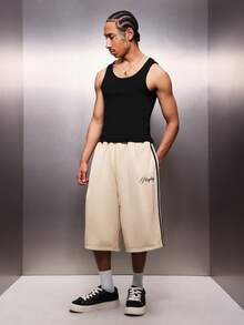 PLAYBOY X SUMWON Men's Bunny Logo Jersey Jorts Knee Length Wide Leg Basketball Shorts With Side Stripes Casual Summer Streetwear - Apricot - View 3