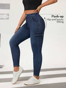 Flexra Jeans casuales y versátiles de cintura alta con bolsillos cargo para mujer - Azul lavado medio - Ver 2