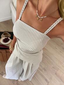 DAZY Striped Ruched Waist Cami Top & Wide Leg Pants Set - Beige - View 1