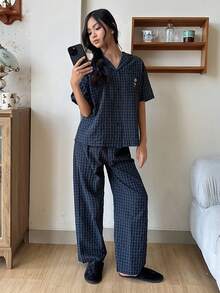 DAZY 少女卡通熊条纹短袖纽扣上衣和长裤睡衣套装 - 藏蓝色 - 查看 5