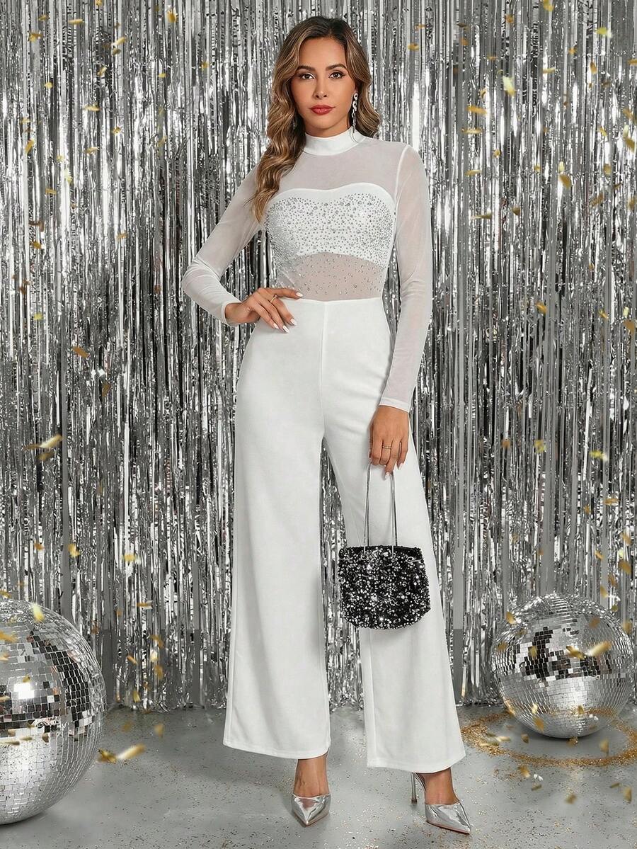 SHEIN Clasi Women's Elegant Party Sparkling Sexy Front Rhinestone Mesh Patchwork Long Sleeve Wide Leg Jumpsuit With Rhinestone Decor - White - View 1