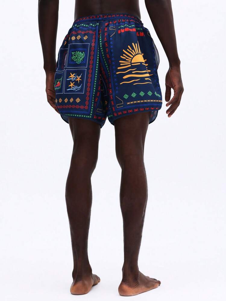 Patchwork Print Beach Shorts With Curved Hem