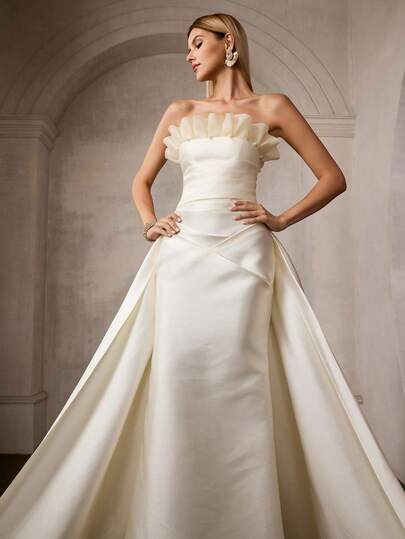 MOTF Soiréza WOMEN'S ELEGANT FORM-FITTING STRAPLESS MAXI SATIN DRESS – RUFFLED NECKLINE, CHEST RUCHING, MERMAID HEM WITH SUPER FULL TRAIN | PERFECT FOR WEDDINGS, GALAS, VALENTINE'S & ANNIVERSARY