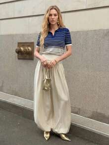 BizChic 新款春夏蓝色不对称渐变条纹Polo领半拉链单排扣装饰设计撞色抗起球轻盈丝滑针织女式毛衣，适合夏季叠穿或单穿 - 藏蓝色 - 查看 1