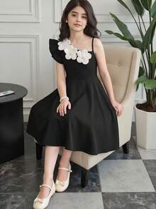 Elladie kids 少女时尚派对宴会不对称荷叶边领撞色3D立体花卉腰部修身A字连衣裙 - 黑色 - 查看 5