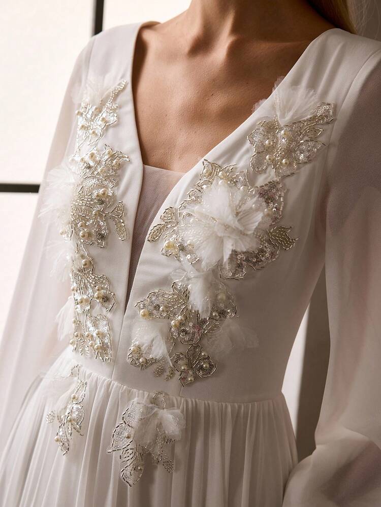 WOMEN'S NEW WHITE EMBROIDERED CHIFFON V-NECK LANTERN SLEEVE MAXI DRESS, VINTAGE ELEGANT ELEGANT LONG FORMAL GOWN, RUNWAY SHOW CELEBRITY STYLE PARTY DRESS