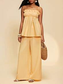 Travachic 2026 New Women's Romantic Vacation Cream Yellow Strapless Loose Top With Ruffle Hem & Long Pants With Pockets - Pale Yellow - View 3