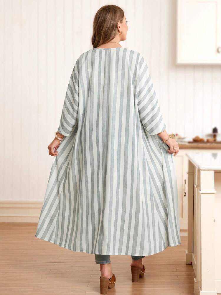 Plus Size Casual Striped Long Jacket, Spring/Summer Vacation Outfits Women Holiday Outfits For Women Beach Vacation Outfits For Women Spring Break Outfits Kimonos For Woman Summer Cardigan Long Blouses