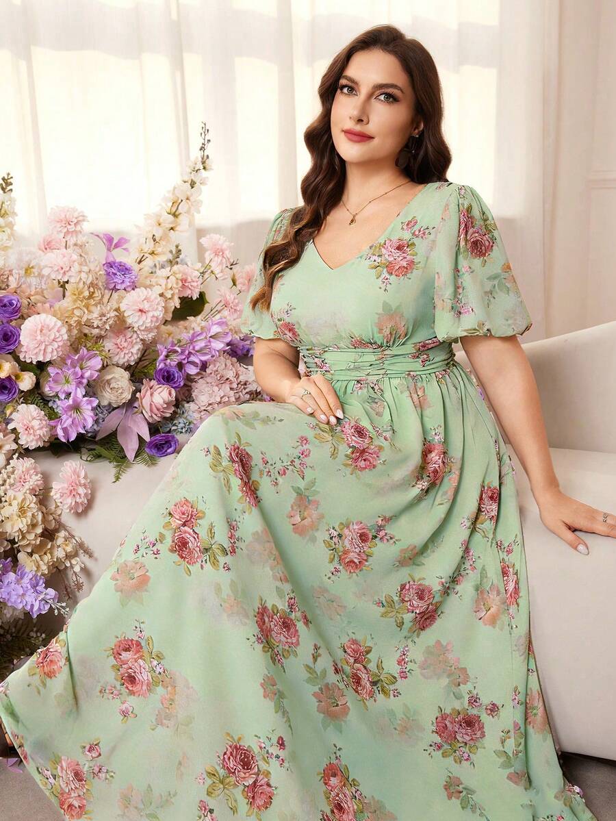 Modelyn Vestido Maxi Romántico de Gasa con Estampado Floral, Mangas Abullonadas, Corte A, Talla Grande, Primavera/Verano - Multicolor - Ver 1