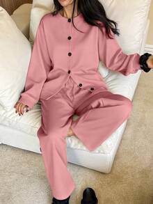 DAZY 2pcs Minimalist Winter Fleece Knit Fabric Long Sleeve Top And Pants Pajama Set - Pink - View 1