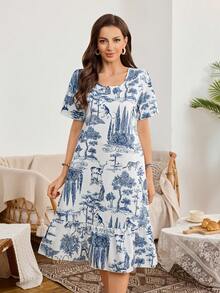 SHEIN Women's Casual Vacation Round Neck Forest Animal Print Loose Ruffled Hem Long Nightgown - Multicolor - View 4