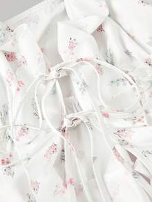 SHEIN MOD White Fabric Camisole Top, Delicate Floral Print, Pastel Pink And Blue Flowers, Adjustable Spaghetti Straps, Ruffled Edges, Front Lace-Up Detail, Peplum Hem, Lightweight Material, Breathable Texture, Soft Feel, Fitted Silhouette, Feminine Style - White - View 4