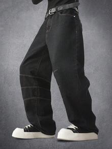 Manfinity Denimwave Jeans de mezclilla negra desgastada con efecto de bigotes de gato para hombre - Negro - Ver 3