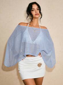 Poéselle Women's Lightweight Sheer Knit Off-Shoulder Poncho Top – Airy Blue Beach Cover-Up For Summer, Boho Coastal Chic Style Beach Cover Up Top - Blue - View 2