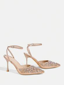 CUCCOO TILAWA 香槟色尖头水钻装饰细高跟踝带凉鞋，性感时尚，适合连衣裙、派对、夜店等场合。 - 香檳色 - 查看 4