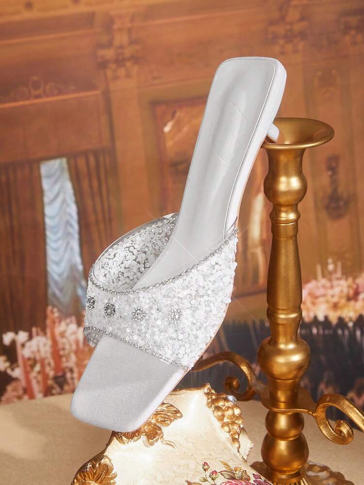 CUCCOO TILAWA Fashionable Square Toe Kitten Heel White Open Toe Transparent Rhinestone Slip-On Sandals, Stylish & Elegant Mid-Heel Dress Sandals For Women