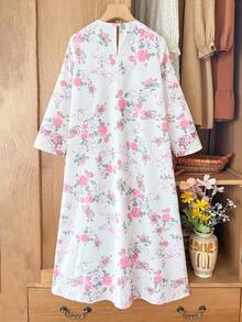 SHEIN Tween Girls Pink Floral And Bow Print Arabian Dress,White Floral,Autumn,Elegant,Wedding Guest Traditional Long-Sleeved Casual Simple Dress For Spring - Pink - View 6