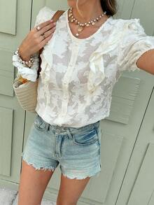 SHEIN Frenchy Women's Elegant Round Neck Cutout Ruffle Trim Solid Color Short Sleeve Cut Flower Chiffon Shirt Casual Shirt, Vacation Style,Acquard Textured Babydoll,Romantic Jacquard Flower Summer Tops,Ruffled Top, For Everyday Wear,French Holiday Casual Outfits,Summer Tops,Summer, Valentine's Day, Carnival, Party ,Wedding ,Birthday, Elegant ,Vacation, Casual ,Summer Tops ,Fasching Women Costume - Apricot - View 7
