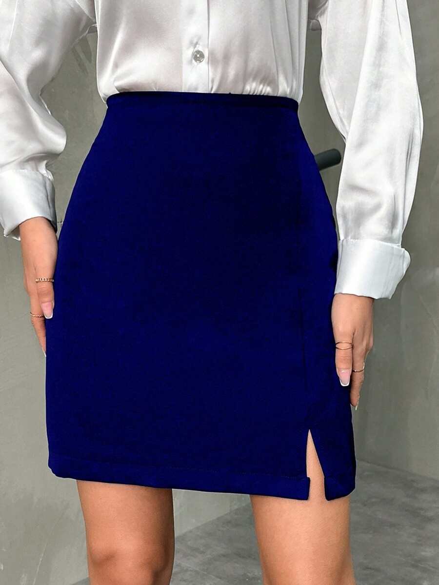 EURMUSE Falda con abertura de diseño minimalista y ajuste ceñido de unicolor para mujer - azul real - Ver 1