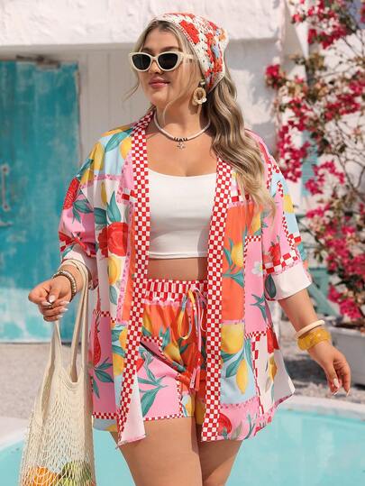 Vivid Eden Plus Size Women Summer Blue Leaf Print Kimono Shirt And Shorts Beach 2 Pieces Set