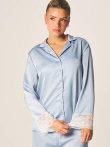 MISSGUIDED 长袖纽扣睡衣衬衫和裤子套装，带蕾丝边饰，家居服舒适睡衣套装 - 藍色 - 查看 5