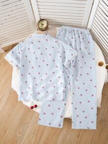 2 Stücke/Set Mädchen Kirsch-Muster karierte Woven Bubble Stoff Kurzarm Strickjacke & Hose, weich und bequem, Schlafanzug, perfektes Geschenk für Tween-Mädchen - Babyblau - Übersicht 2