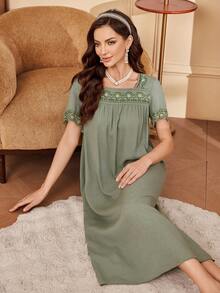 SHEIN 方领撞色蕾丝边睡衣 - 軍綠色 - 查看 4