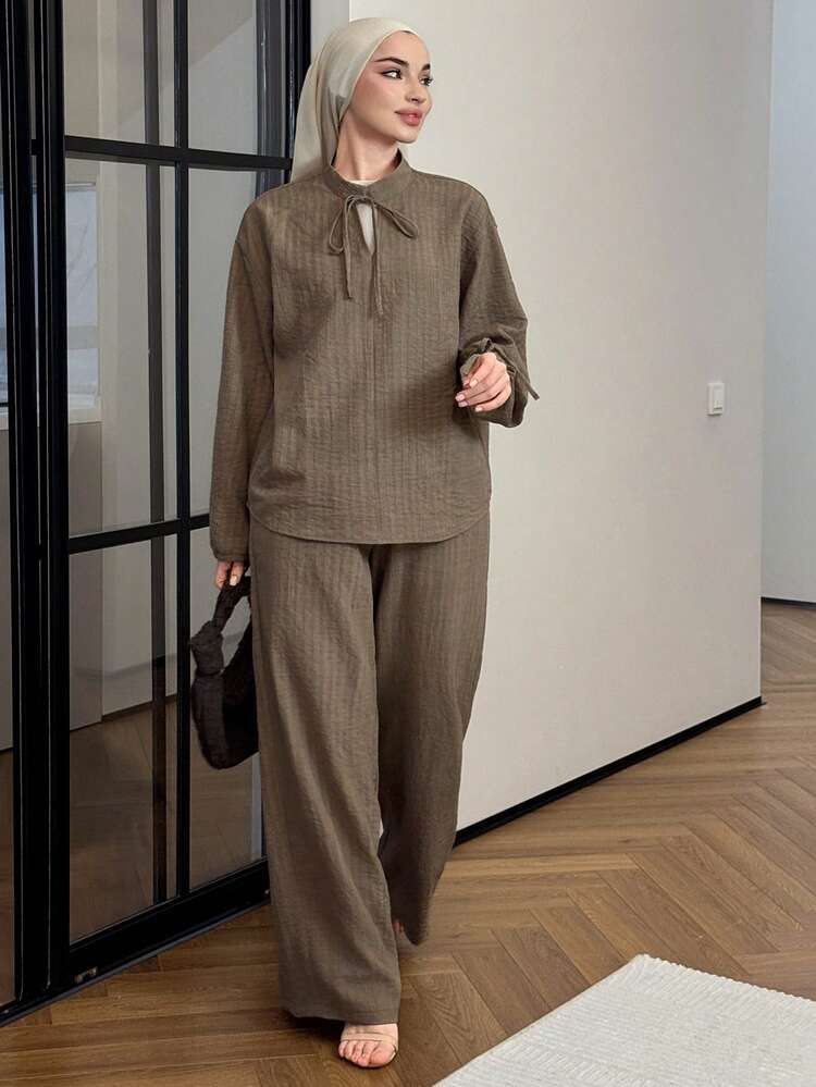 Women's Elegant Tie-Neck Top And Casual Pants 2 Pieces Set, Summer