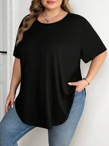 SHEIN CURVE+ Plus Size Summer Casual Solid Color Curved Hem Loose T-Shirt, Summer Tops Plus Size Oversized T-Shirt Plus Size T Shirts - Black - View 3