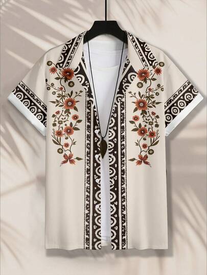 Manfinity RSRT قميص كاجوال أحادي الصدر بأكمام قصيرة وطباعة زهرية للرجال