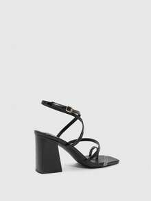 CUCCOO SZL Women's Black PU Toe-Ring Buckle Strap Fashionable Square Toe Chunky Heel Sandals - Black - View 3