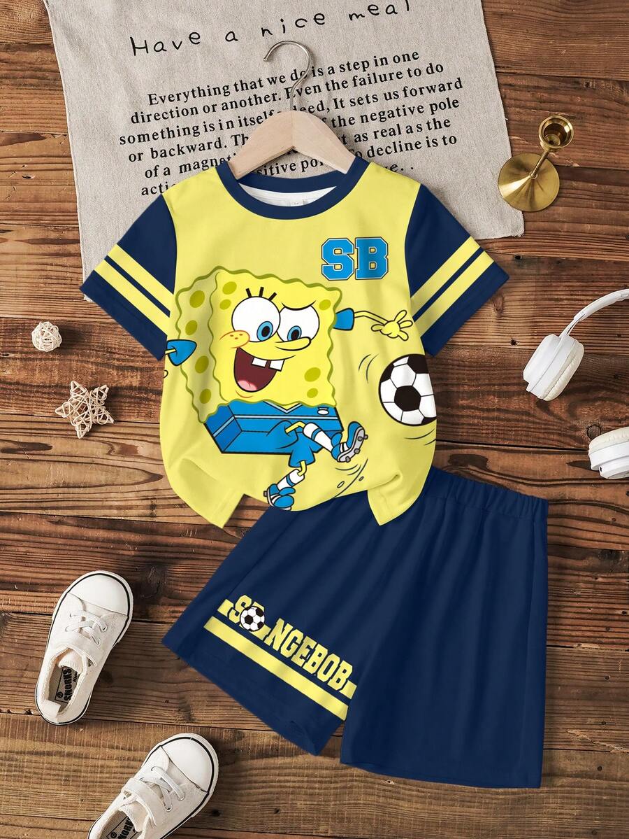 SpongeBob SquarePants | SHEIN 男童圆领撞色短袖卡通可爱印花夏季T恤套装 - 白色 - 查看 1