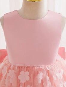 SHEIN Glamorique Kids Girls' White Bow Waist Embroidered V-Back Elegant Party Dress, Suitable For All Seasons - Pink - View 4