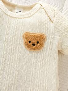 3件套新生儿小熊刺绣连体衣套装 - 米色 - 查看 5