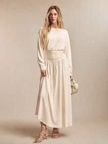 BizChic New Apricot Boat Neck Ruched Waist Pleated Flare Hem Dress, Elegant Urban Commuter Style For Spring/Summer - Khaki - View 5