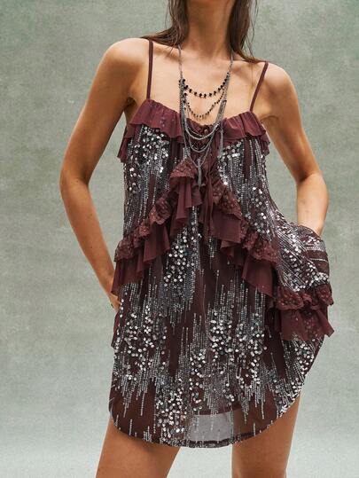 Bohemela Boho Elegant Vacation Casual Solid Color Beaded Contrast Lace Sequin Ruffle Hem Camisole Camisole