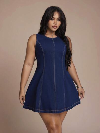SHEIN CURVE+ Plus Size Summer Casual Sleeveless Mini Denim Dress Summer Dress  Spring Dress Women Easter Dress Women  St Patrick's Day Women Elegant Party Dresses Wedding Guest Dress For Women Graduation Dress Elegant Dresses For Women Vacation Dresses Casual Dresses For Women Blue Dresses For Women Womens Plus Size Dark Blue Denim Sleeveless Mini Dress With Stitching Detail For Summer