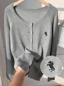 SHEIN EZwear 女士刺绣纽扣前开襟休闲长袖开衫 - 灰色 - 查看 1