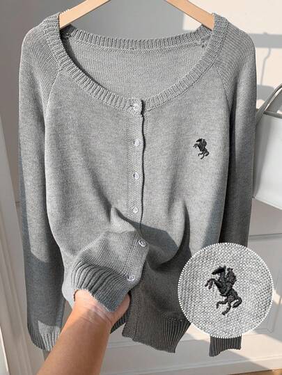 SHEIN EZwear 女士刺绣纽扣前开襟休闲长袖开衫