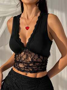 SHEIN EZwear Summer Elegant Women's Blouses Black Lace Deep V-Neck Cropped Sexy Versatile Camisole For Women - Black - View 4