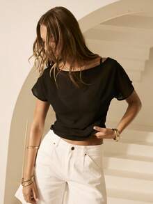 Aralina Áo thun nữ trơn màu tay cánh dơi cổ tròn thời trang - màu đen - Xem 9