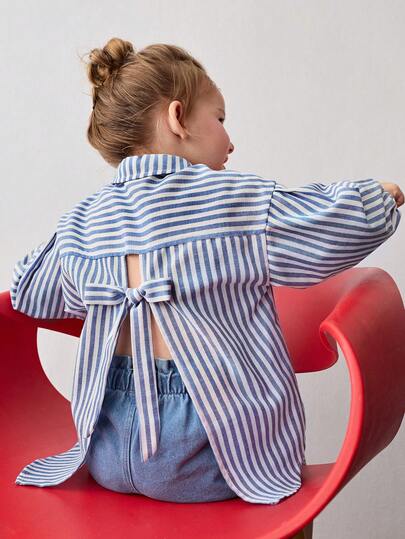 Maija Kids Young Girl Blue & White Striped Loose Casual Shirt With Bow Tie Back Decoration And Turndown Collar