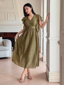 DAZY V-Neck Ruched Waist Flounce Sleeve Dress, Elegant Design, Slimming Effect Sundress - Khaki - View 5
