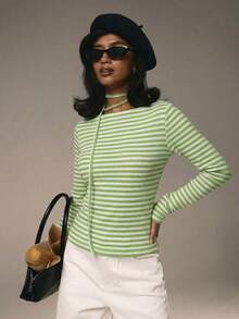Athîral 情人节女士休闲条纹圆领长袖T恤，秋季款 - 綠色 - 查看 4