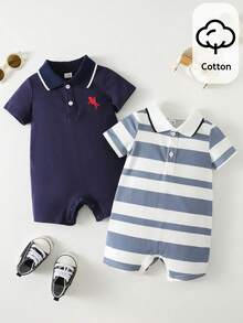 SHEIN Set de 2 piezas de pelele y pantalones cortos de manga corta con cuello de contraste para bebé niño - Azul - Ver 3