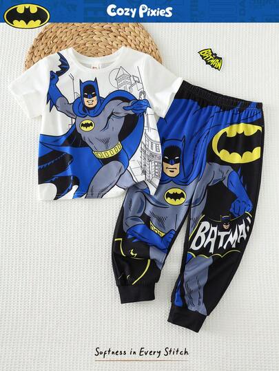 BATMAN X Cozy Pixies 2pcs/Set Young Boy Cartoon Pattern Knit Soft Round Neck Short Sleeve Top And Elastic Waist Pants