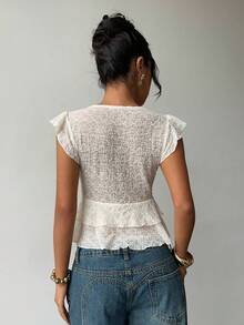 Aloruh 女士深V领荷叶边蕾丝蝴蝶结短袖T恤，适合度假和户外活动穿着，春夏季节，音乐节场合，波西米亚风蕾丝罩衫，女士蕾丝上衣，夏季女士上衣 - 杏色 - 查看 3