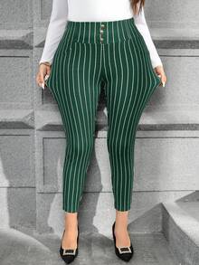 SHEIN Clasi Quần skinny kẻ sọc trang trí cúc dành cho nữ cỡ lớn, phù hợp cho công sở và đi làm. - Màu xanh lá cây đậm - Xem 3